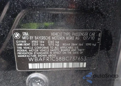 2011 BMW 528I z USA, uszkodzony, nr VIN WBAFR1C58BC737653